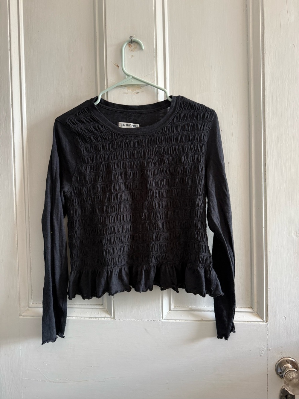 We The Free Black Smocked Long-Sleeve Peplum Top